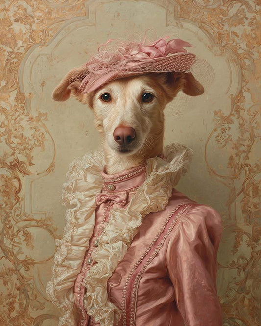 Wagwag Art classical custom pet portrait – a noble female dog in muted pink satin gown with ivory ruffles and pearl buttons, wearing a soft pink hat, pale gold damask background, oil painting style