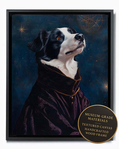 Wagwag Art Renaissance astronomer style custom pet portrait – Border Collie in dark velvet robe with celestial map backdrop and thoughtful expression, shown in black frame