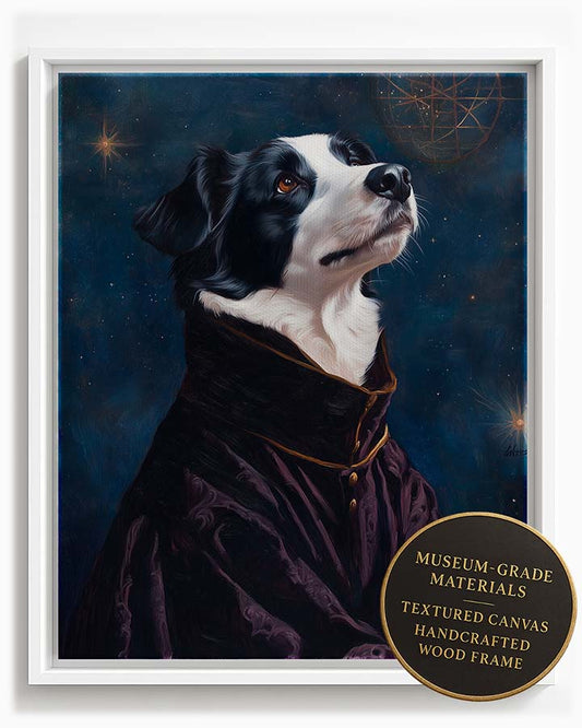 Wagwag Art Renaissance astronomer style custom pet portrait – Border Collie in dark velvet robe with celestial map backdrop and thoughtful expression, shown in white frame
