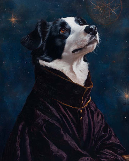 Wagwag Art Renaissance astronomer style custom pet portrait – Border Collie in dark velvet robe with celestial map backdrop and thoughtful expression