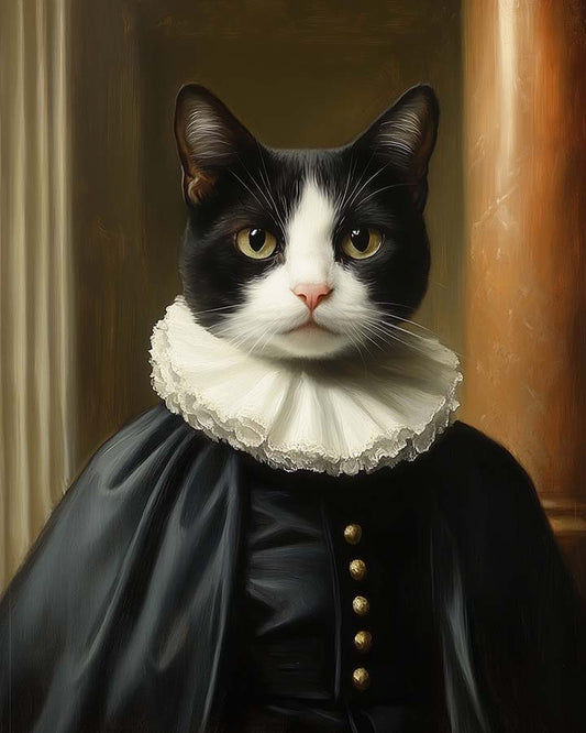 Wagwag Art Renaissance Chancellor style custom pet portrait – a tuxedo cat wearing dark formal robes and a white ruff collar, set against blurred classical architecture in oil painting style