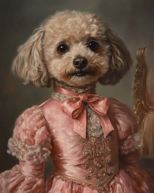 Wagwag Art Renaissance Countess’s daughter style custom pet portrait – a fluffy small dog in pink satin dress with bows, soft expression and pastel backdrop