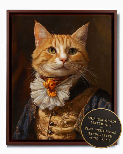Wagwag Art custom pet portrait in Duke style – a cheerful ginger cat in embroidered waistcoat and cravat, warm classic oil painting tones, shown in espresso frame