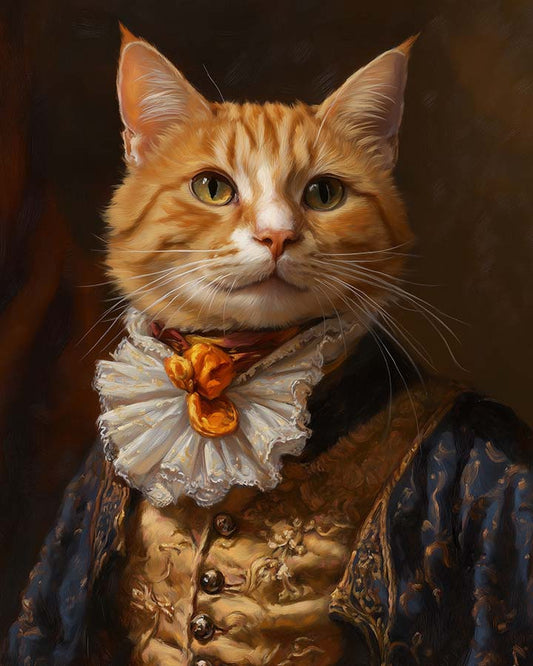 Wagwag Art custom pet portrait in Duke style – a cheerful ginger cat in embroidered waistcoat and cravat, warm classic oil painting tones