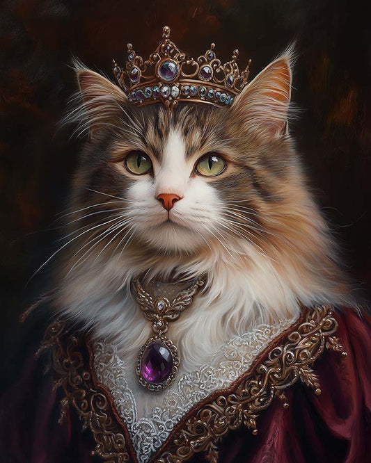 Wagwag Art Renaissance Empress-style custom pet portrait – a Norwegian Forest Cat wearing a jeweled crown, burgundy brocade gown, and amethyst pendant with dramatic lighting