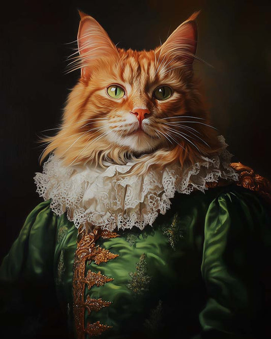 Wagwag Art Renaissance flamboyant duke custom pet portrait – a scruffy ginger longhair cat wearing a lime green brocade doublet and lace collar with a mischievous expression