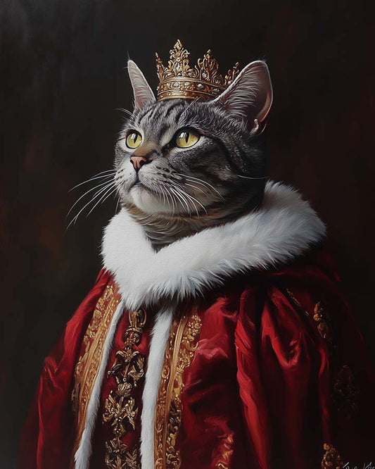 Wagwag Art Renaissance king style custom pet portrait – a grey tabby cat in a gold crown and magenta velvet robe, dramatic regal oil painting style