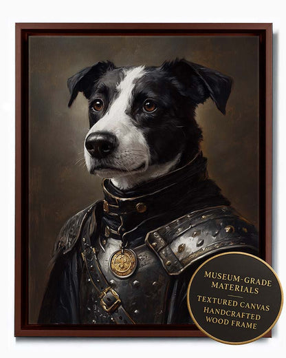 Wagwag Art Renaissance knight commander style custom pet portrait – a black and white dog in polished armor with a medal, classical oil painting style, shown in espresso frame
