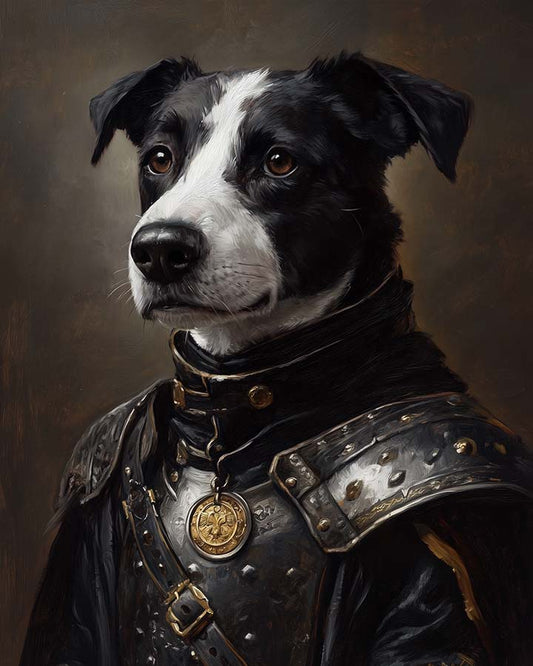 Wagwag Art Renaissance knight commander style custom pet portrait – a black and white dog in polished armor with a medal, classical oil painting style