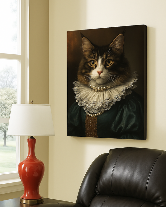 Wagwag Art Renaissance noblewoman style custom pet portrait - a brown tabby cat wearing a pearl necklace and white ruffled collar displayed in room setting