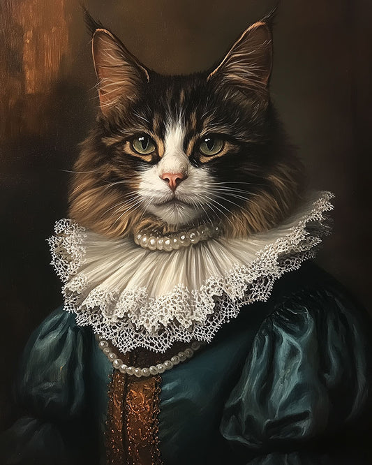 Wagwag Art Renaissance noblewoman style custom pet portrait - a brown tabby cat wearing a pearl necklace and white ruffled collar