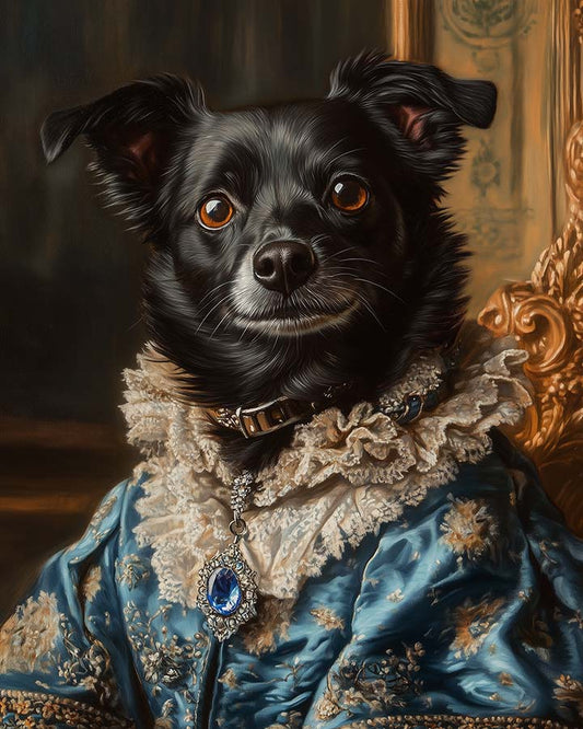 Wagwag Art Renaissance princess style custom pet portrait – a black dog in an electric blue silk gown with silver accents and sapphire pendant, elegant and expressive oil painting style