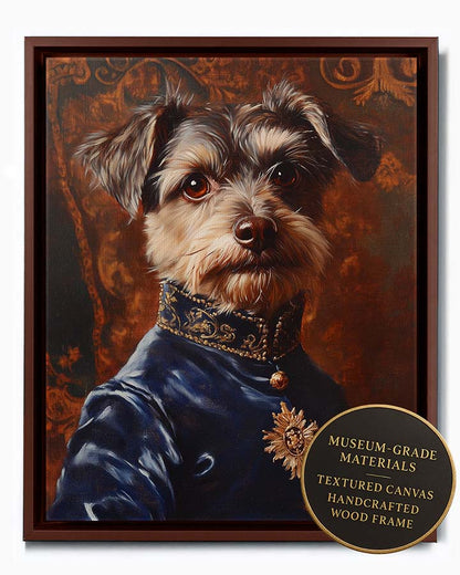 Wagwag Art Renaissance prince style custom pet portrait – a scruffy terrier mix dog in a blue velvet doublet with gold embroidery, set against a warm tapestry background, shown in espresso frame
