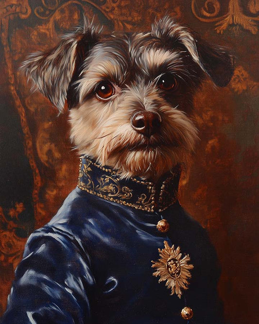 Wagwag Art Renaissance prince style custom pet portrait – a scruffy terrier mix dog in a blue velvet doublet with gold embroidery, set against a warm tapestry background