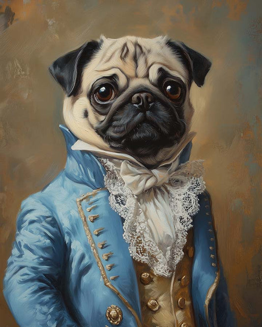 Wagwag Art Rococo aristocracy style custom pet portrait – Pug in powder blue silk frock coat with lace trim, charming and whimsical expression