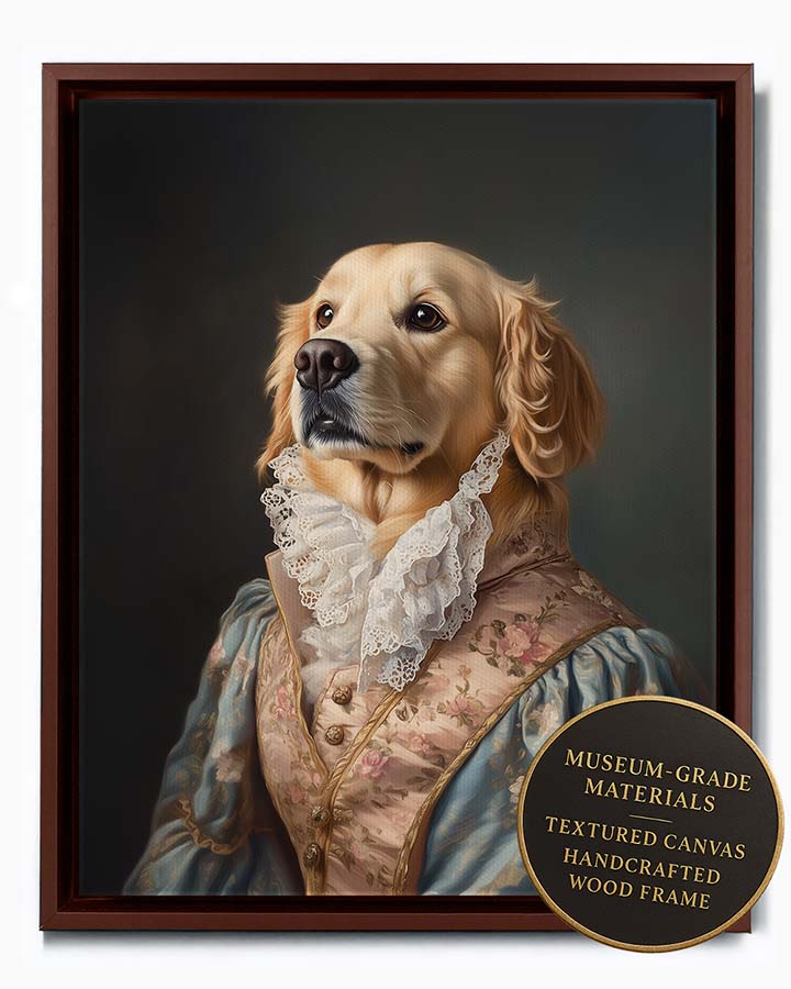 Wagwag Art Rococo-style custom pet portrait – Golden Retriever in silk frock coat with floral embroidery, playful expression in pastel background, shown in espresso frame
