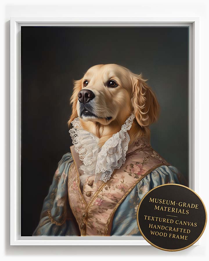 Wagwag Art Rococo-style custom pet portrait – Golden Retriever in silk frock coat with floral embroidery, playful expression in pastel background, shown in white frame