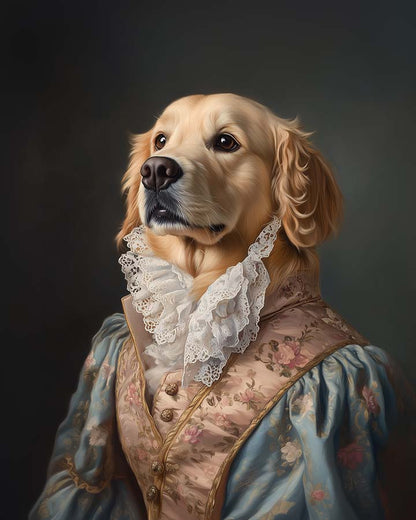 Wagwag Art Rococo-style custom pet portrait – Golden Retriever in silk frock coat with floral embroidery, playful expression in pastel background