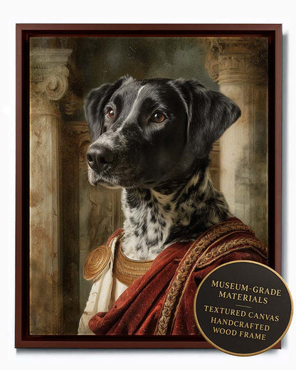 Wagwag Art Roman noble style custom pet portrait – a dignified dog in crimson velvet toga with gold trim and fur stole, stone column and fresco background, classical painting, shown in espresso frame