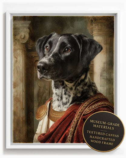 Wagwag Art Roman noble style custom pet portrait – a dignified dog in crimson velvet toga with gold trim and fur stole, stone column and fresco background, classical painting, shown in white frame