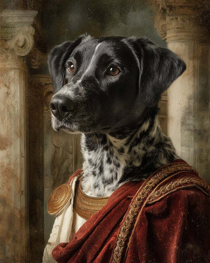 Wagwag Art Roman noble style custom pet portrait – a dignified dog in crimson velvet toga with gold trim and fur stole, stone column and fresco background, classical painting