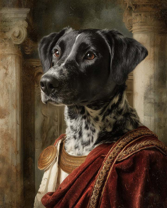 Wagwag Art Roman noble style custom pet portrait – a dignified dog in crimson velvet toga with gold trim and fur stole, stone column and fresco background, classical painting