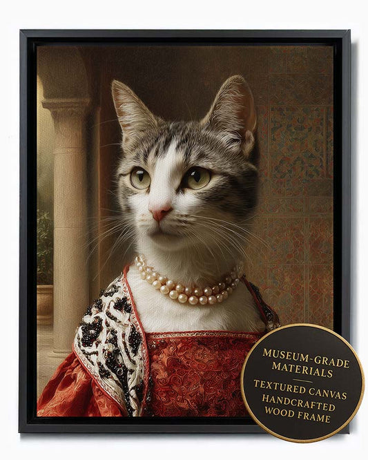 Wagwag Art Roman classical-style custom pet portrait – a female cat in red velvet Roman-era outfit with pearls, fur stole, and Roman courtyard background, shown in black frame