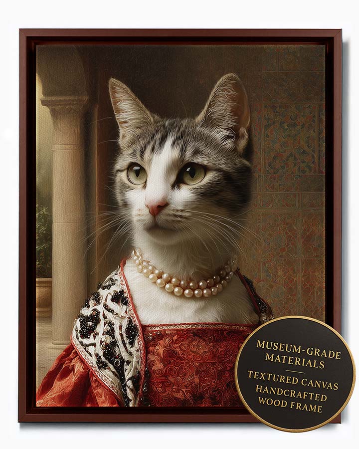 Wagwag Art Roman classical-style custom pet portrait – a female cat in red velvet Roman-era outfit with pearls, fur stole, and Roman courtyard background, shown in espresso frame