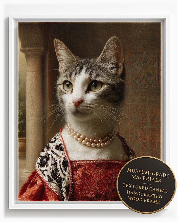 Wagwag Art Roman classical-style custom pet portrait – a female cat in red velvet Roman-era outfit with pearls, fur stole, and Roman courtyard background, shown in white frame