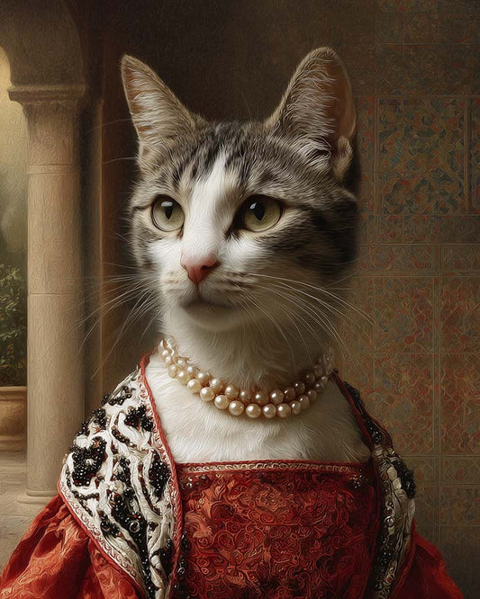 Wagwag Art Roman classical-style custom pet portrait – a female cat in red velvet Roman-era outfit with pearls, fur stole, and Roman courtyard background