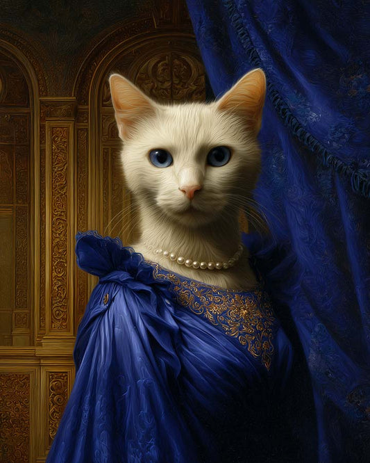 Wagwag Art classical palace-style custom pet portrait – a noble female cat in royal blue satin gown with gold embroidery and pearl earrings, blue velvet drape and gold panel background, oil painting style
