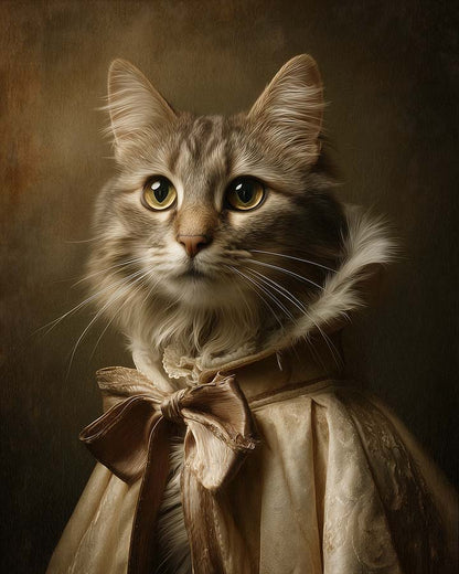 Wagwag Art classical painter's studio style custom pet portrait – a graceful female cat in cream velvet cloak with satin bow, warm ochre background and soft light