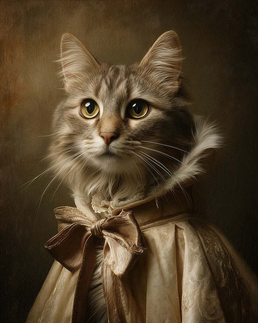 Wagwag Art classical painter's studio style custom pet portrait – a graceful female cat in cream velvet cloak with satin bow, warm ochre background and soft light