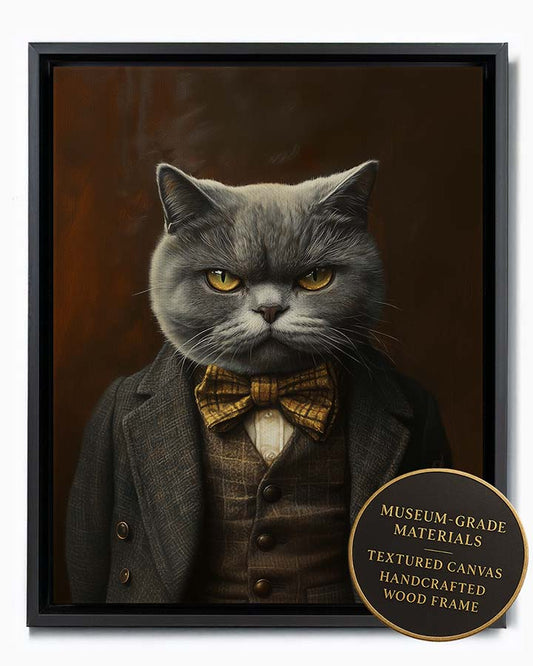 Wagwag Art Victorian banker style custom pet portrait – British Shorthair cat in waistcoat and bow tie, mahogany panel background, serious expression, shown in black frame
