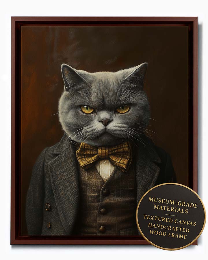 Wagwag Art Victorian banker style custom pet portrait – British Shorthair cat in waistcoat and bow tie, mahogany panel background, serious expression, shown in espresso frame
