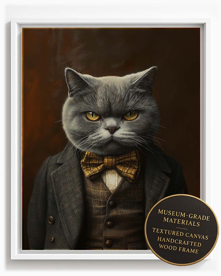 Wagwag Art Victorian banker style custom pet portrait – British Shorthair cat in waistcoat and bow tie, mahogany panel background, serious expression, shown in white frame
