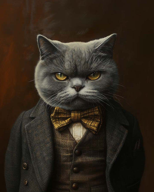 Wagwag Art Victorian banker style custom pet portrait – British Shorthair cat in waistcoat and bow tie, mahogany panel background, serious expression
