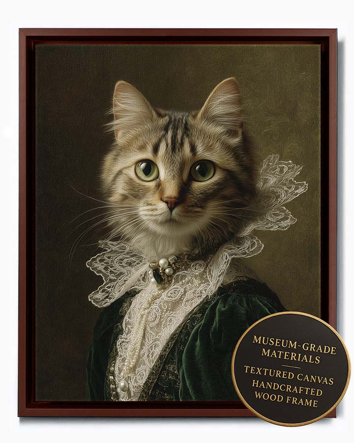 Wagwag Art Victorian noblewoman custom pet portrait – a regal cat in dark green velvet and lace with pearl brooch, baroque oil painting style, shown in espresso frame