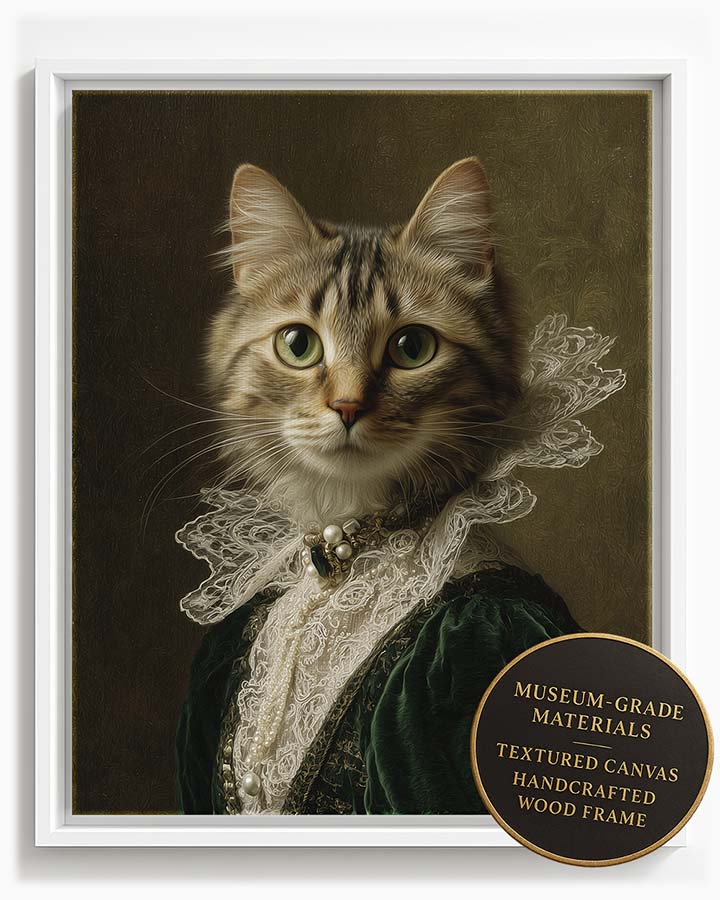 Wagwag Art Victorian noblewoman custom pet portrait – a regal cat in dark green velvet and lace with pearl brooch, baroque oil painting style, shown in white frame