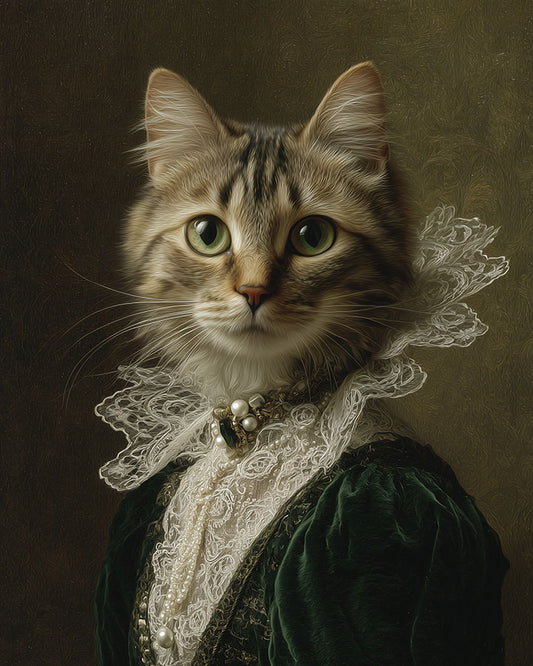 Wagwag Art Victorian noblewoman custom pet portrait – a regal cat in dark green velvet and lace with pearl brooch, baroque oil painting style