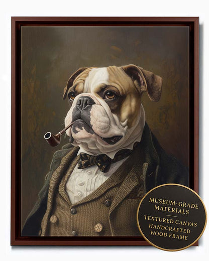 Wagwag Art custom pet portrait in Victorian scholar style – a dignified Bulldog in a tweed waistcoat, gently holding a pipe in its mouth, warm oil painting tones and thoughtful expression, shown in espresso frame
