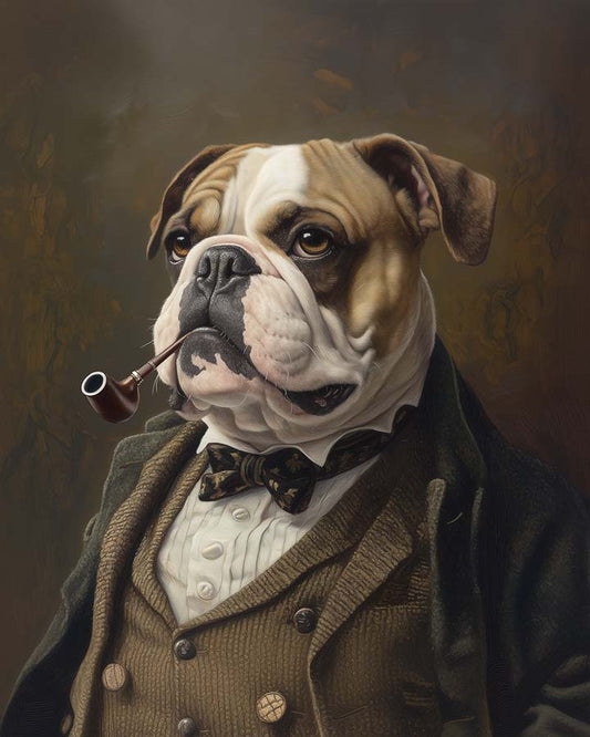 Wagwag Art custom pet portrait in Victorian scholar style – a dignified Bulldog in a tweed waistcoat, gently holding a pipe in its mouth, warm oil painting tones and thoughtful expression