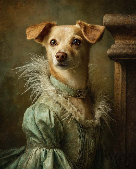 Wagwag Art classical-style custom pet portrait – a graceful female dog in ice green gown with feather-trimmed shoulders and satin clasp, weathered fireplace background, oil painting style