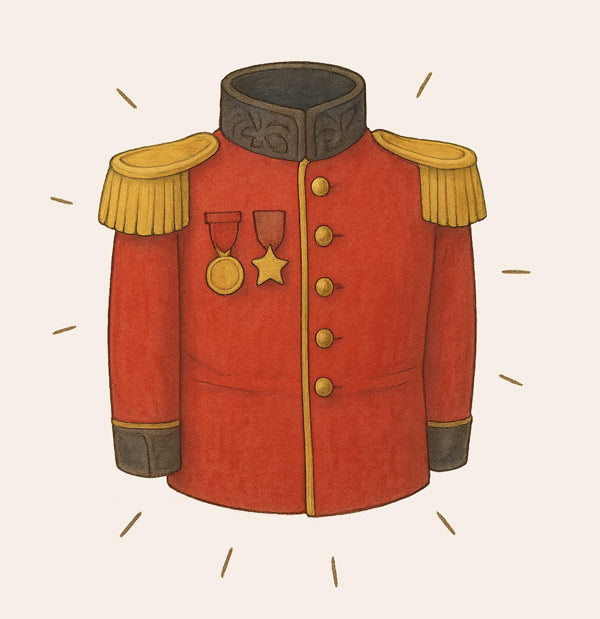 Illustration showing a red military uniform, representing the 'Choose a Style' step for Wag Wag Art pet portraits.