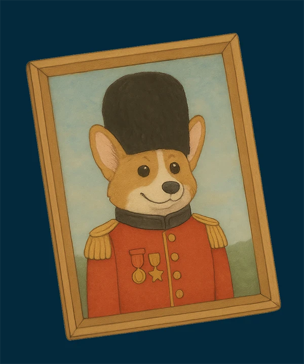 Illustration of a finished, framed pet portrait of a Corgi wearing a uniform, representing the 'Place Order & Review' step at Wag Wag Art.