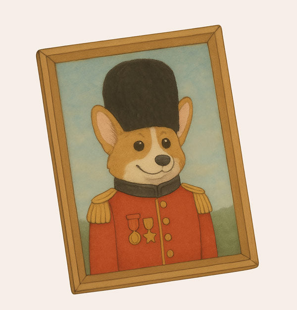 Illustration of a finished, framed pet portrait of a Corgi wearing a uniform, representing the 'Place Order & Review' step at Wag Wag Art.