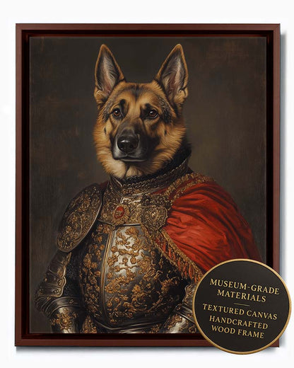 Majestic German Shepherd depicted as a noble knight in ornate armor with a red cape, a custom pet portrait by Wag Wag Art, shown in espresso frame