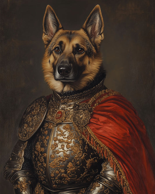 Majestic German Shepherd depicted as a noble knight in ornate armor with a red cape, a custom pet portrait by Wag Wag Art