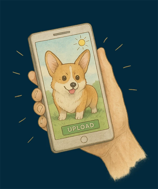 Illustration of a hand holding a smartphone displaying a clear photo of a Corgi, representing the 'Upload Photo' step for Wag Wag Art.