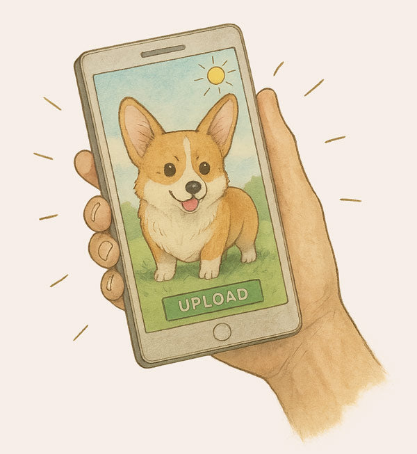Illustration of a hand holding a smartphone displaying a clear photo of a Corgi, representing the 'Upload Photo' step for Wag Wag Art.